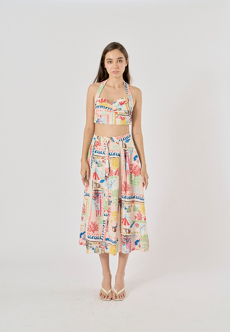 Fidelity Multi Color Thai Seaside Print Halter Tank Top