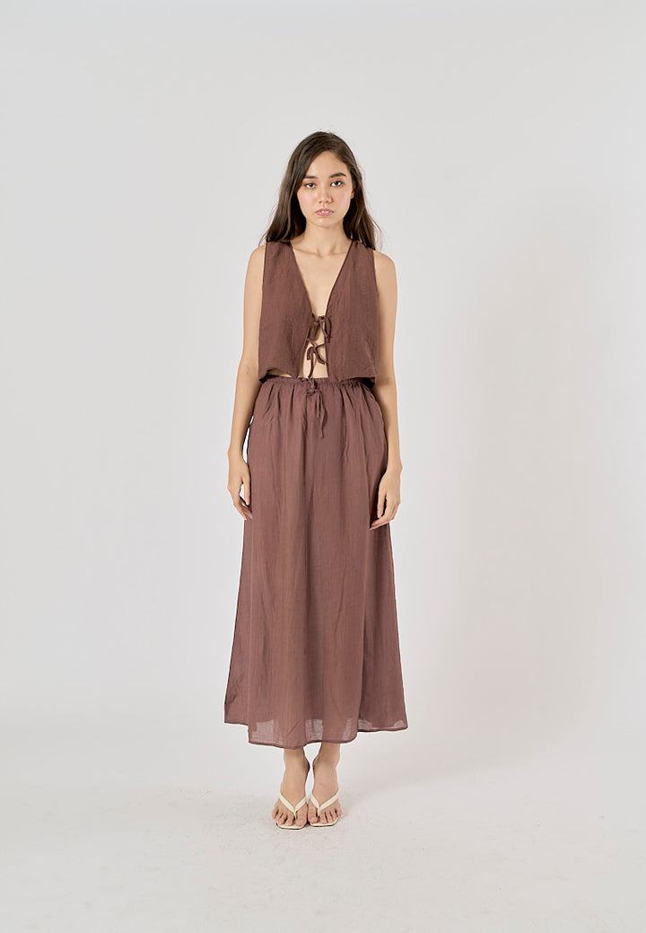 Vetiver Brown Drawstring Waist Midi Skirt