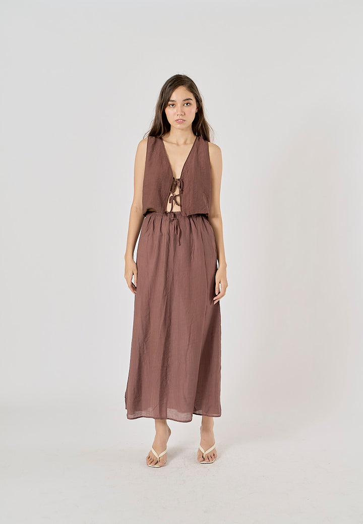 Vetiver Brown Drawstring Waist Midi Skirt