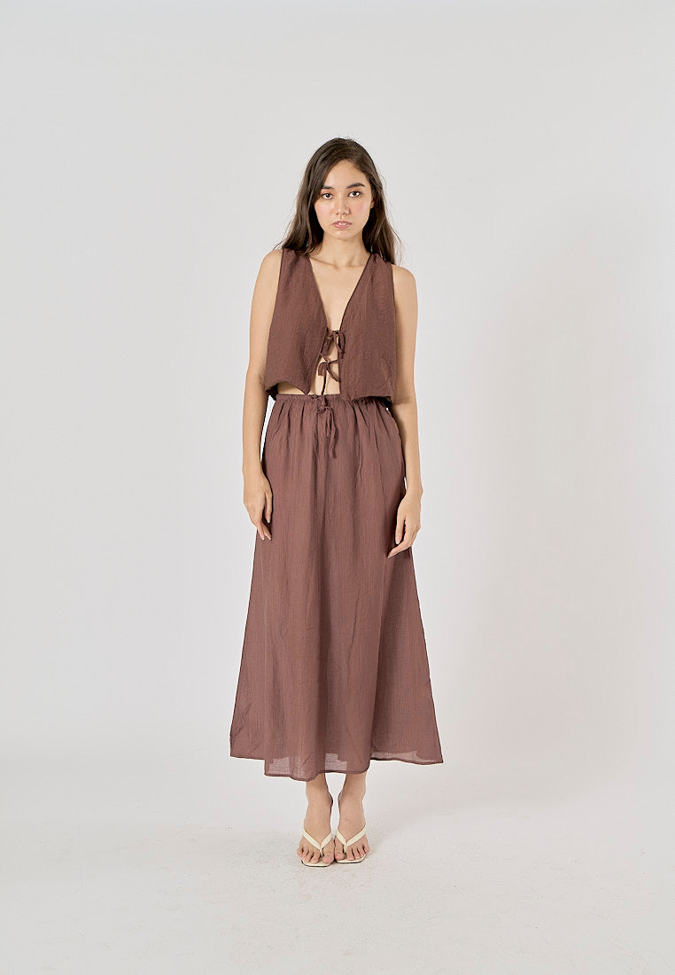 Vetiver Brown Drawstring Waist Midi Skirt