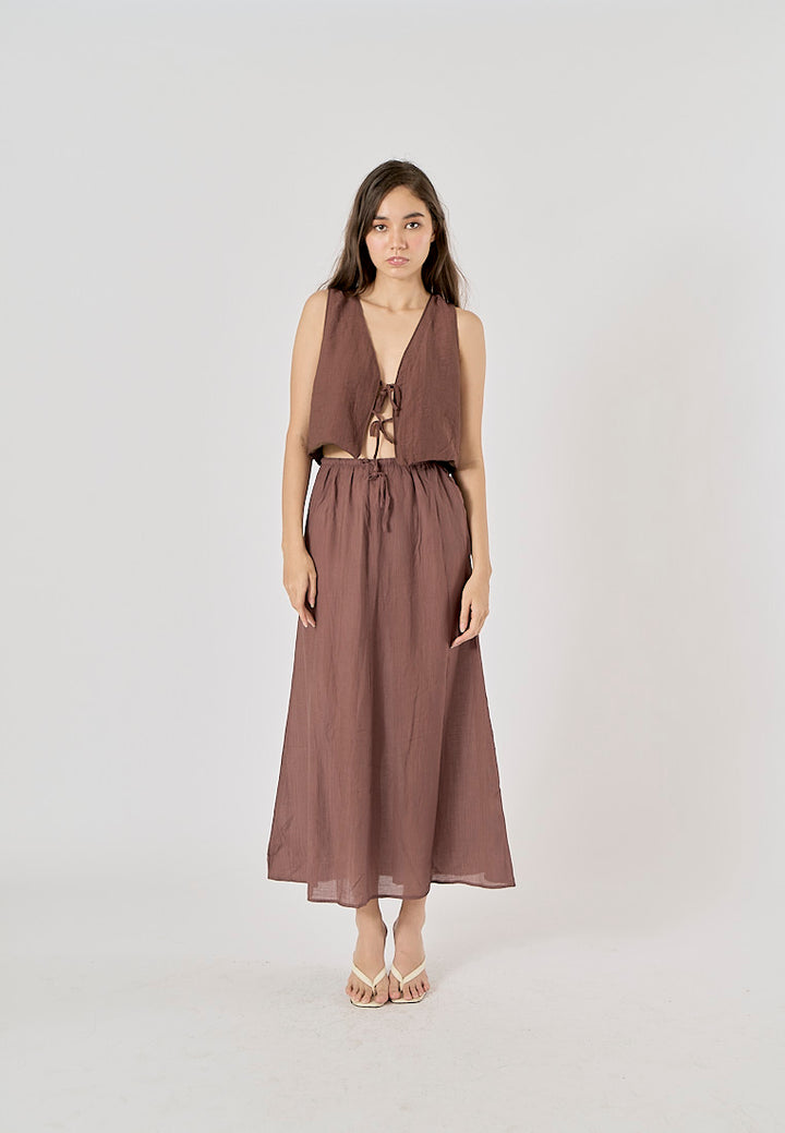 Vetiver Brown Drawstring Waist Midi Skirt