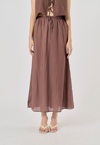 Vetiver Brown Drawstring Waist Midi Skirt