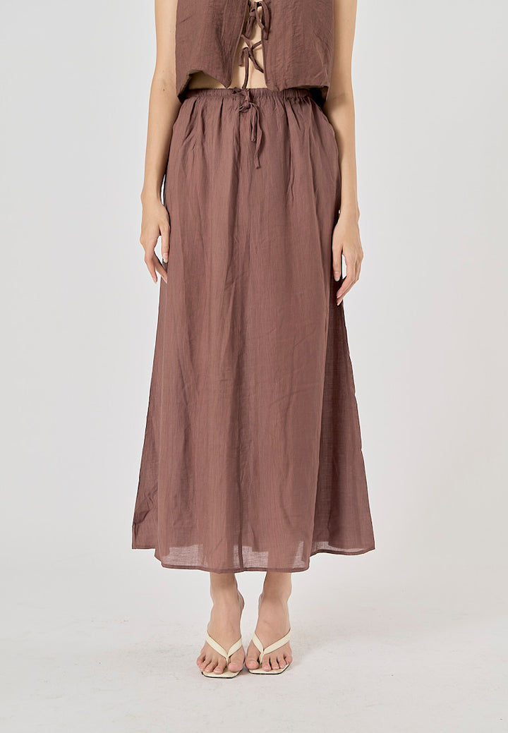 Vetiver Brown Drawstring Waist Midi Skirt