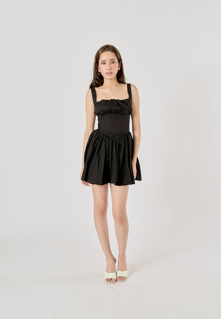 Reinica Black Square Collar Pleated Mini Dress
