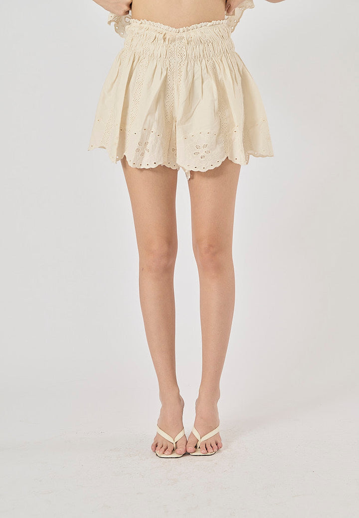 Gemini Beige Embroidered Elastic Waist Pleated Mini Skirt