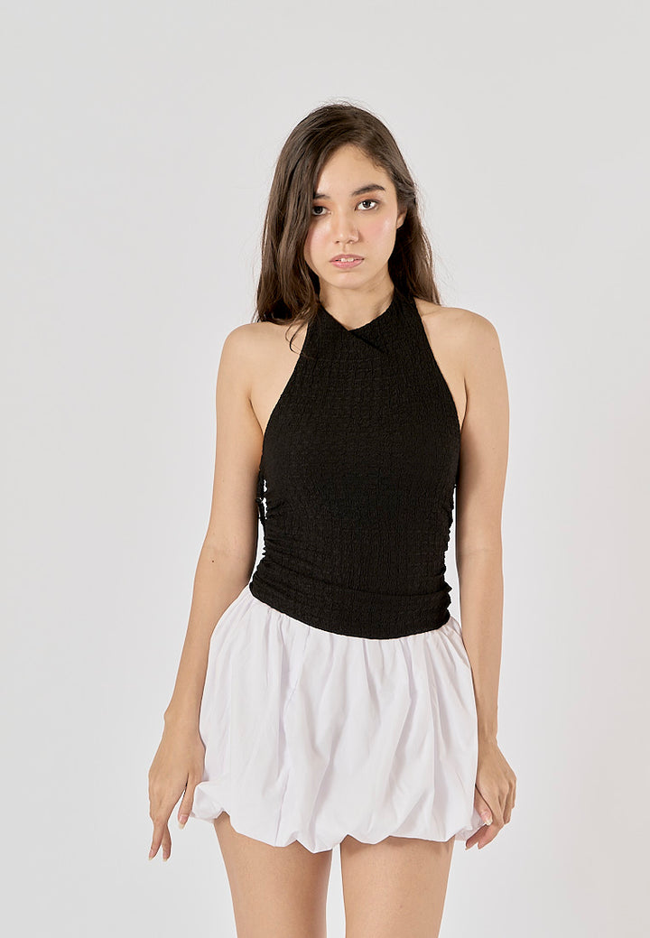 Saskia Black Textured Gathered Open Back Halter Neck Tank Top
