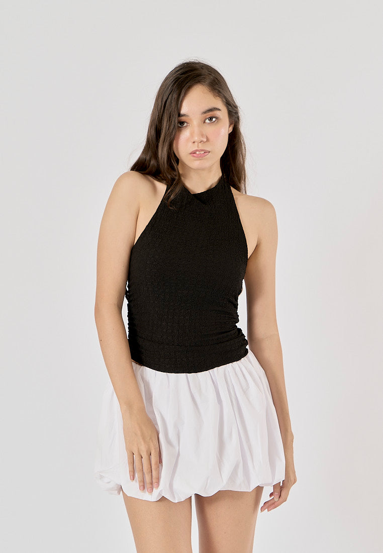 Saskia Black Textured Gathered Open Back Halter Neck Tank Top