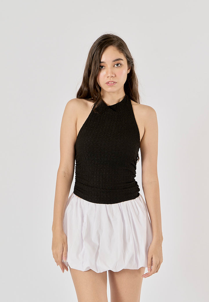 Saskia Black Textured Gathered Open Back Halter Neck Tank Top