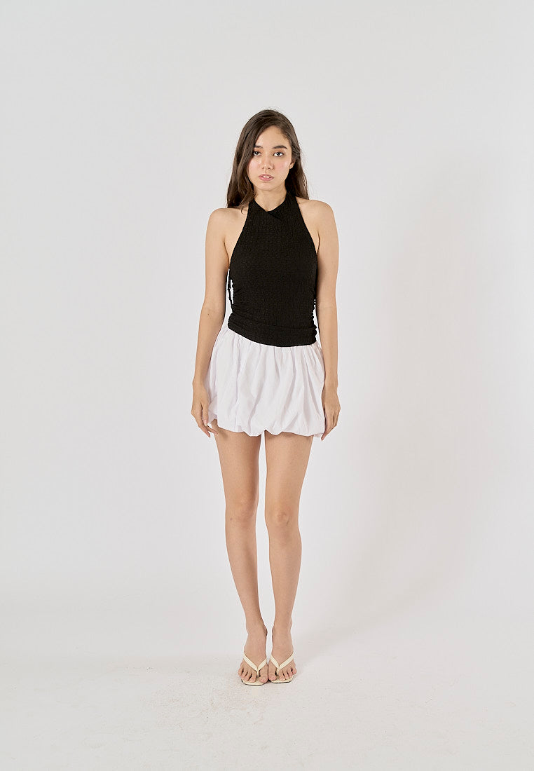 Saskia Black Textured Gathered Open Back Halter Neck Tank Top