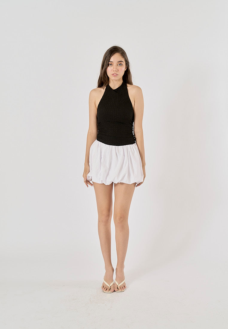 Saskia Black Textured Gathered Open Back Halter Neck Tank Top