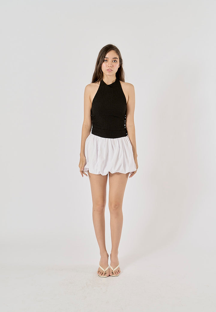 Saskia Black Textured Gathered Open Back Halter Neck Tank Top