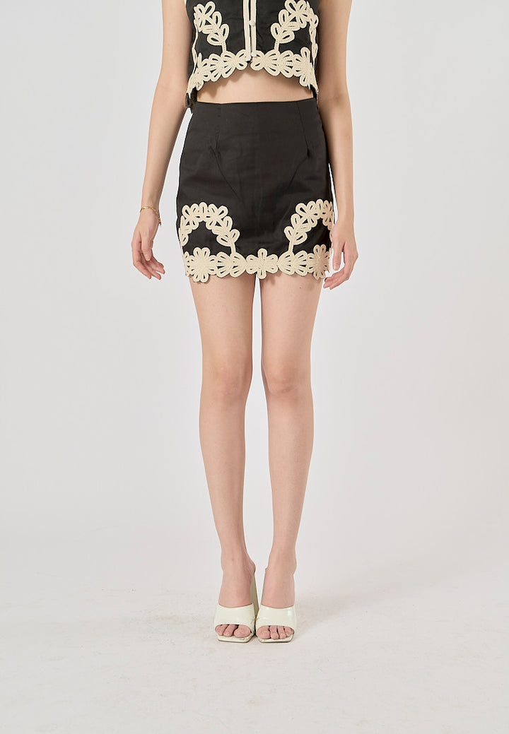 Tyla Black Embroidery Detail Zipper Fly Mini Skirt