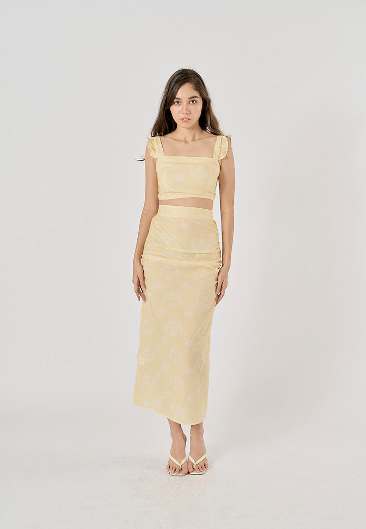 Ellerslee Pastel Yellow Autumn Print Chiffon Top Midi Skirt Set