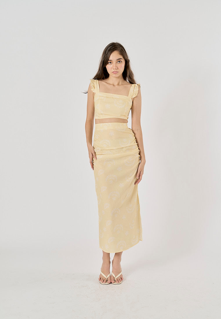 Ellerslee Pastel Yellow Autumn Print Chiffon Top Midi Skirt Set