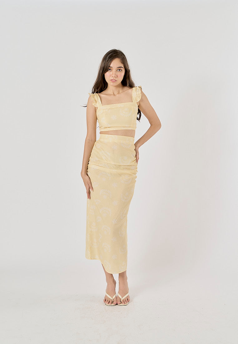 Ellerslee Pastel Yellow Autumn Print Chiffon Top Midi Skirt Set
