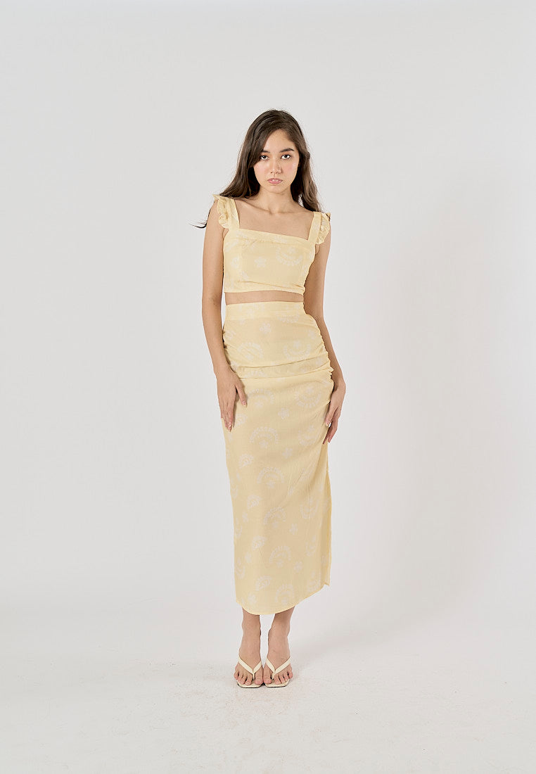Ellerslee Pastel Yellow Autumn Print Chiffon Top Midi Skirt Set