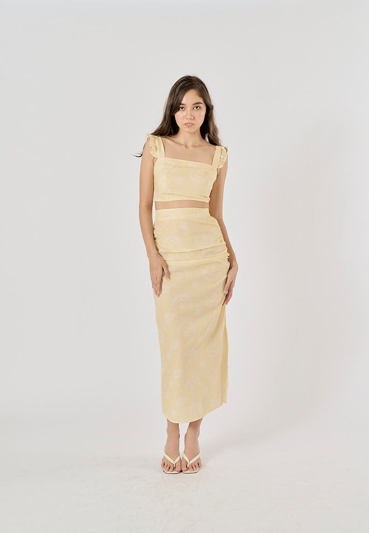 Ellerslee Pastel Yellow Autumn Print Chiffon Top Midi Skirt Set
