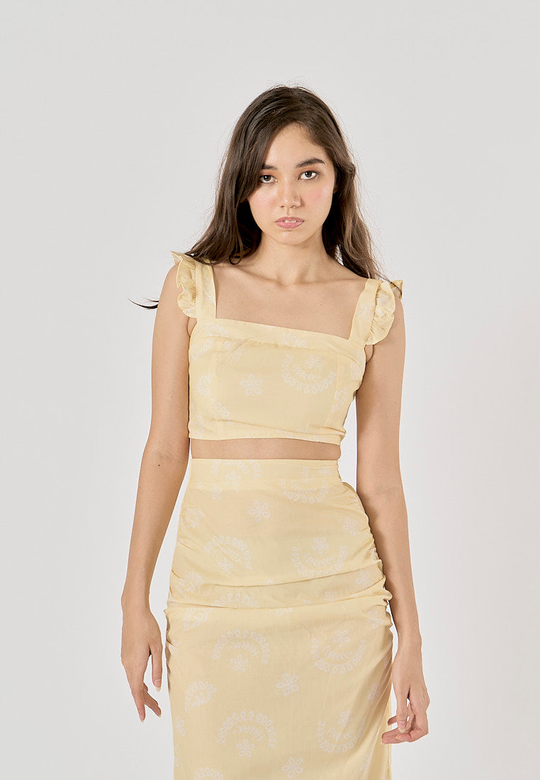 Ellerslee Pastel Yellow Autumn Print Chiffon Top Midi Skirt Set