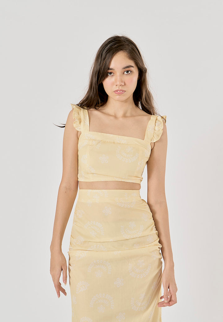 Ellerslee Pastel Yellow Autumn Print Chiffon Top Midi Skirt Set