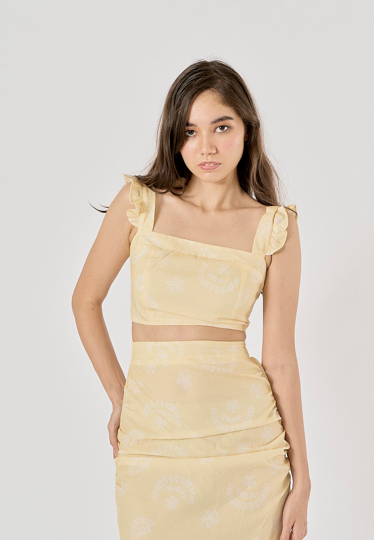 Ellerslee Pastel Yellow Autumn Print Chiffon Top Midi Skirt Set