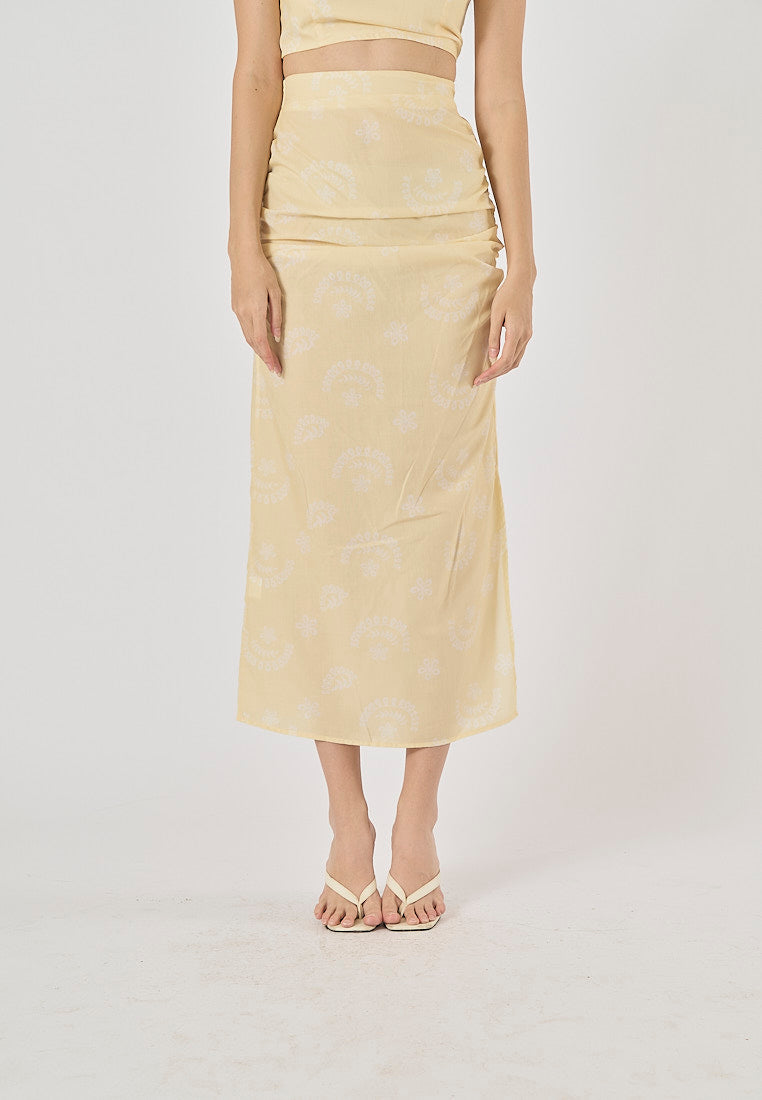 Ellerslee Pastel Yellow Autumn Print Chiffon Top Midi Skirt Set