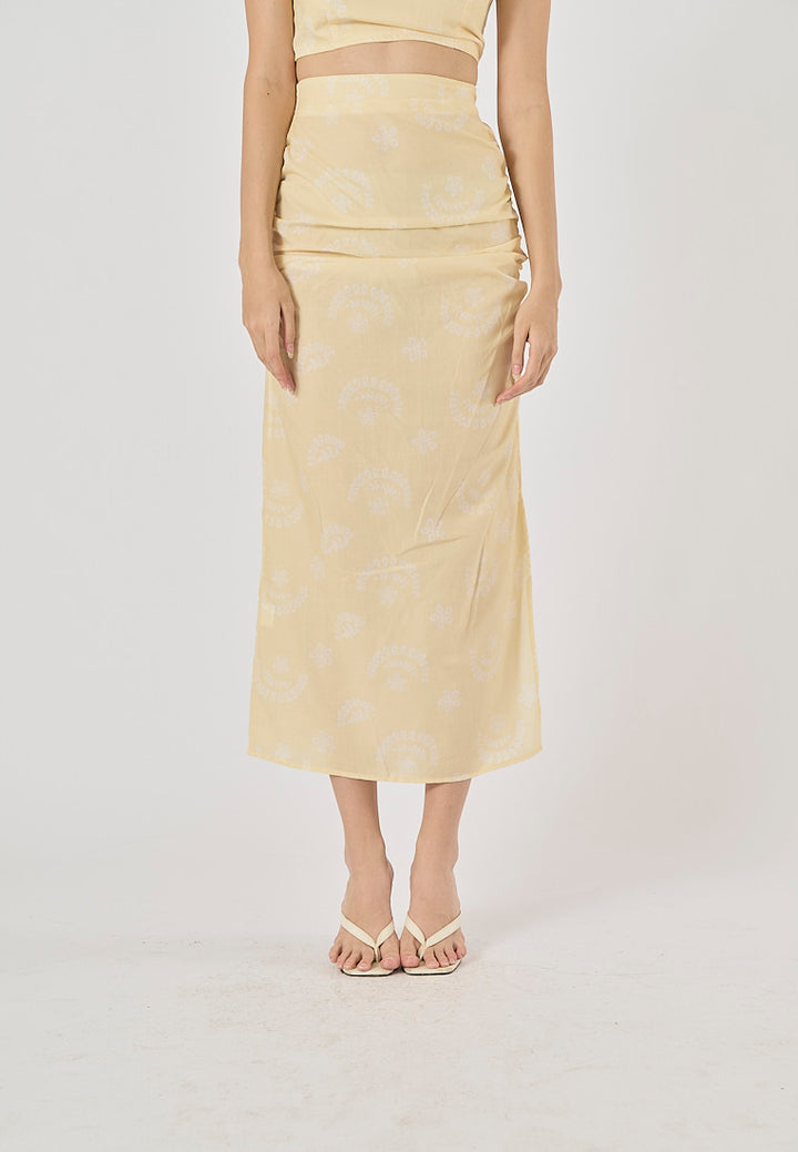 Ellerslee Pastel Yellow Autumn Print Chiffon Top Midi Skirt Set