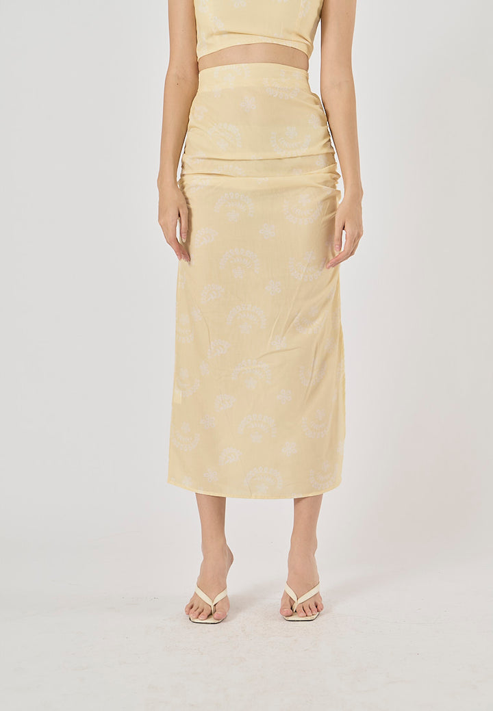 Ellerslee Pastel Yellow Autumn Print Chiffon Top Midi Skirt Set