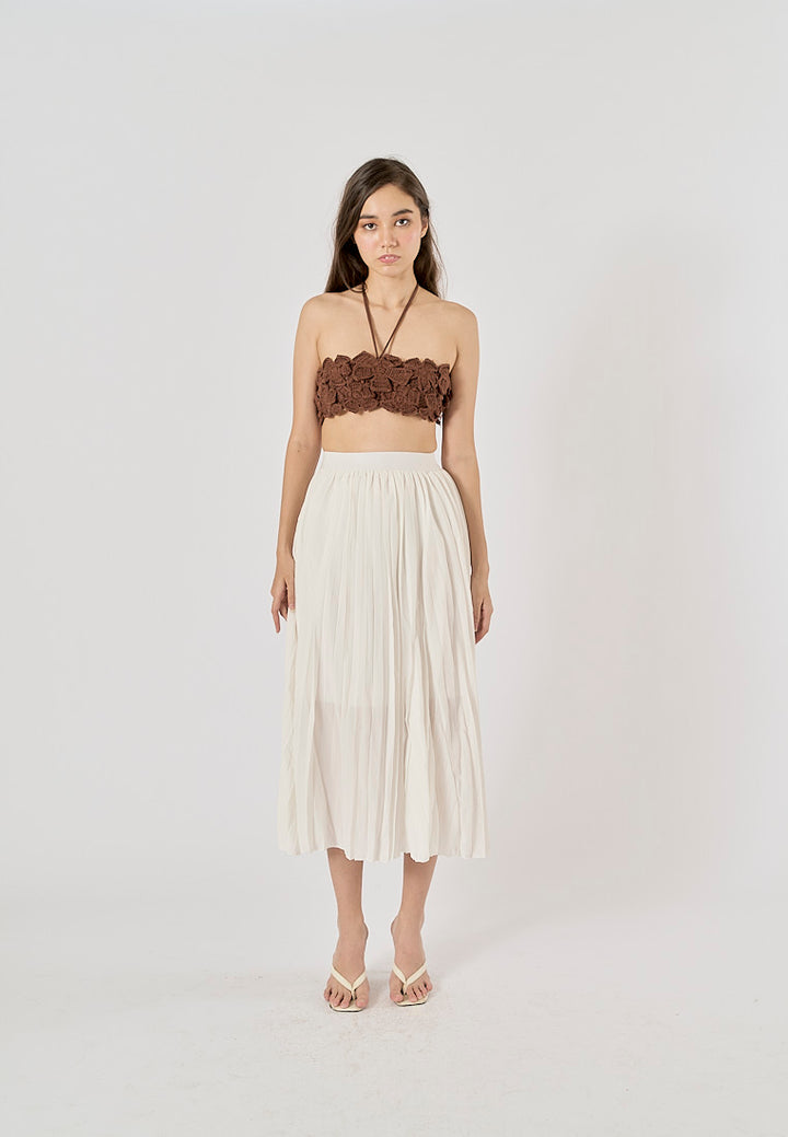 Sylvia White Pleated Elastic Waist A-Line Midi Skirt