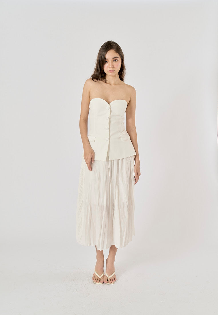 Sylvia White Pleated Elastic Waist A-Line Midi Skirt