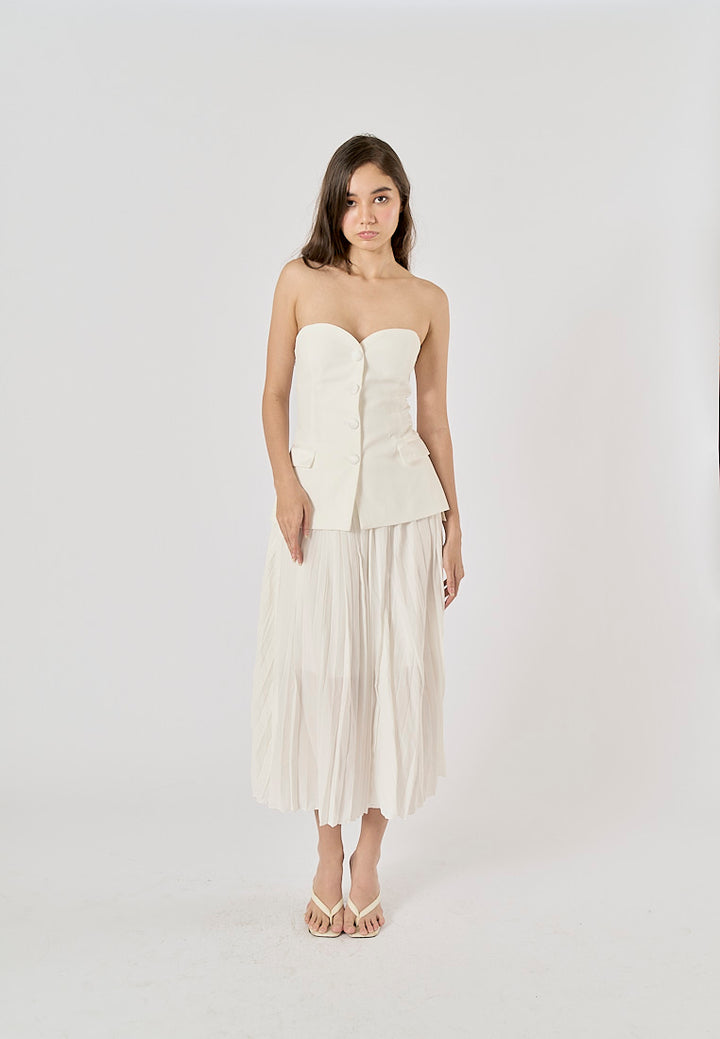 Sylvia White Pleated Elastic Waist A-Line Midi Skirt