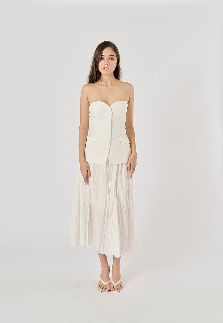 Sylvia White Pleated Elastic Waist A-Line Midi Skirt