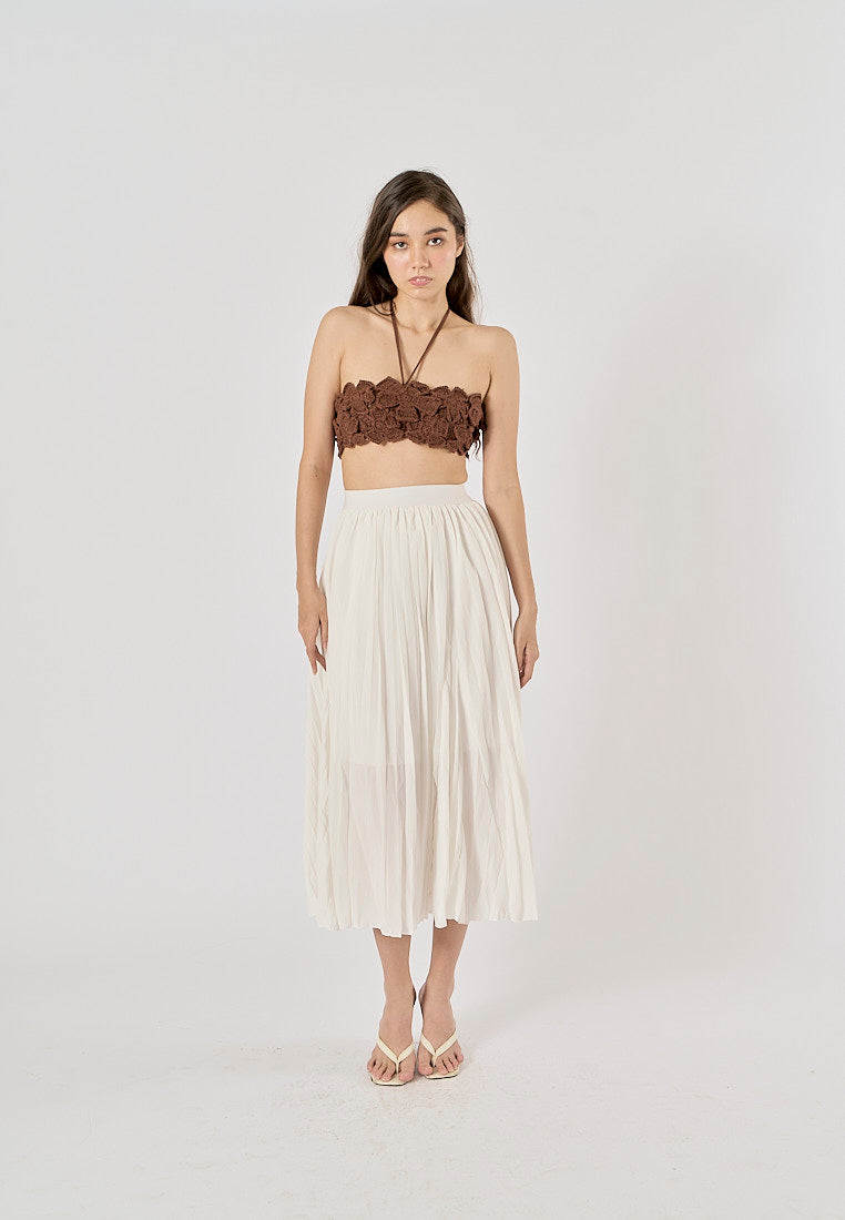 Sylvia White Pleated Elastic Waist A-Line Midi Skirt