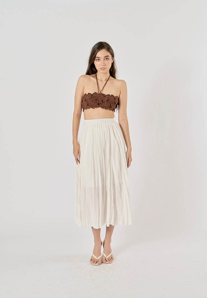 Sylvia White Pleated Elastic Waist A-Line Midi Skirt