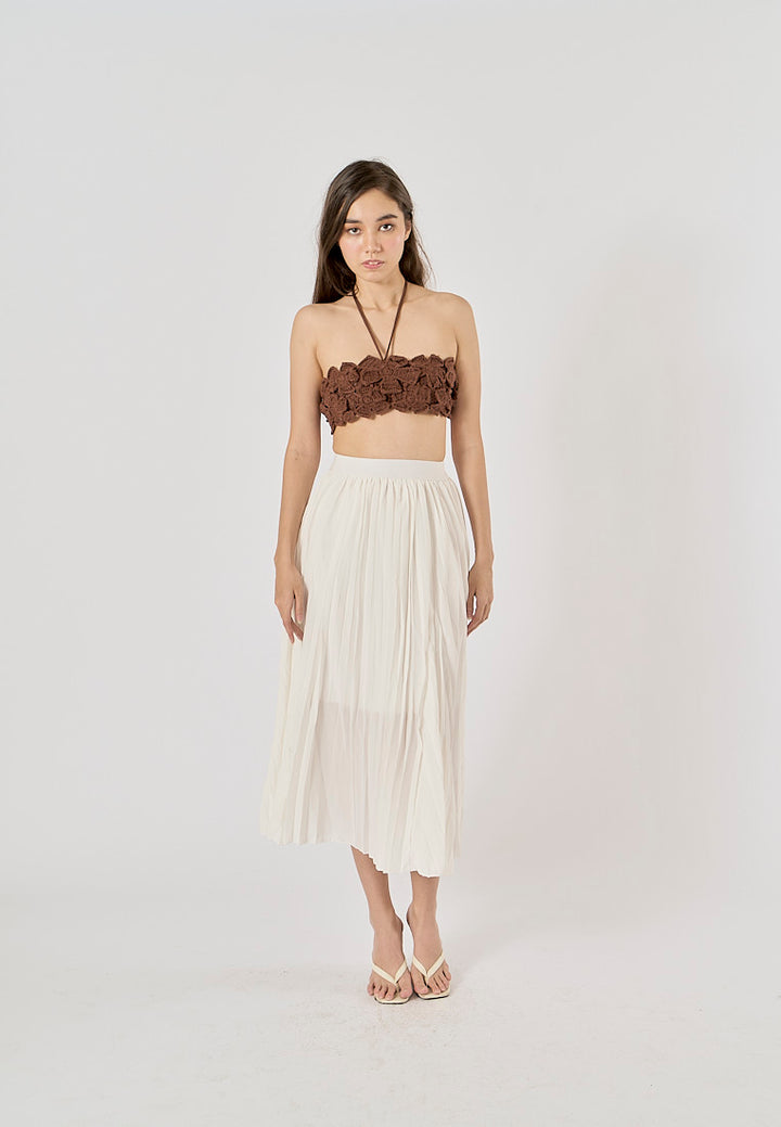 Sylvia White Pleated Elastic Waist A-Line Midi Skirt