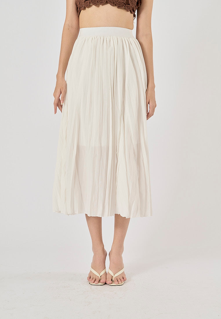 Sylvia White Pleated Elastic Waist A-Line Midi Skirt
