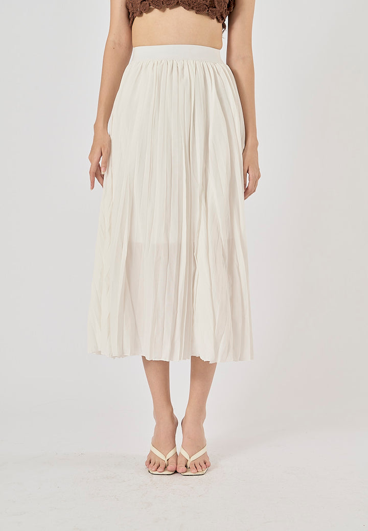 Sylvia White Pleated Elastic Waist A-Line Midi Skirt