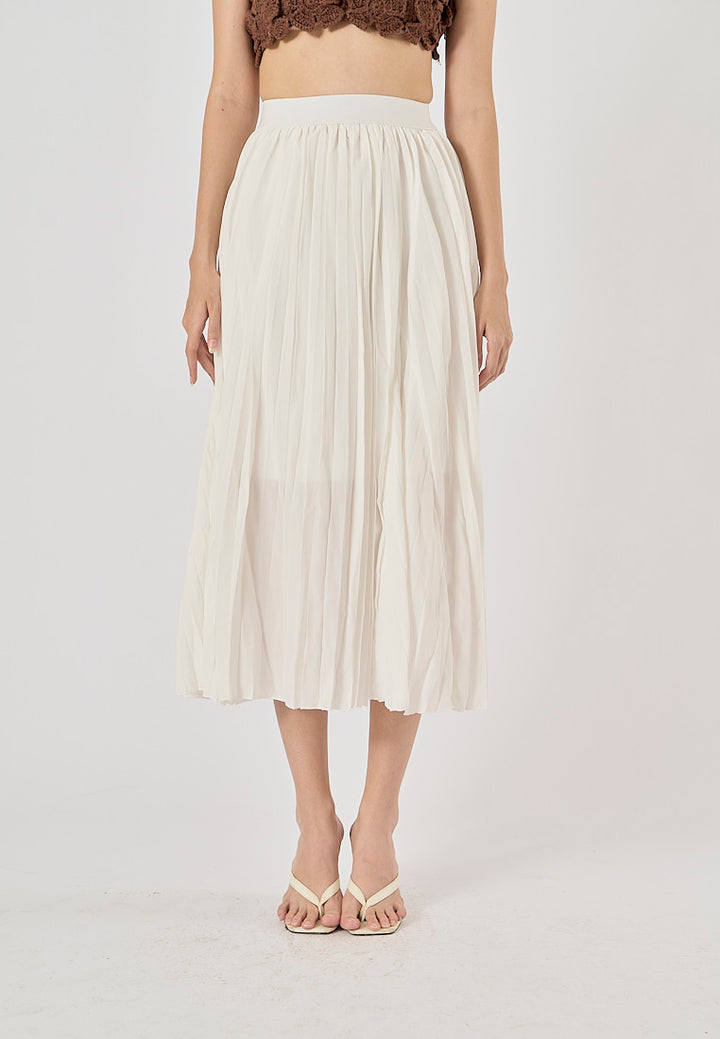 Sylvia White Pleated Elastic Waist A-Line Midi Skirt