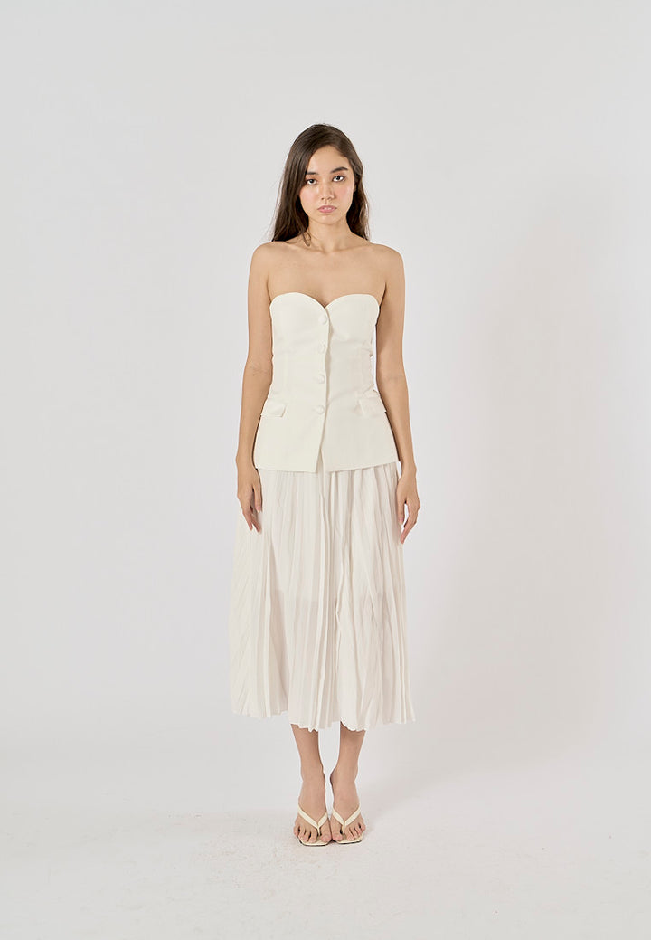 Sylvia White Pleated Elastic Waist A-Line Midi Skirt