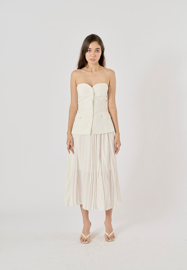 Sylvia White Pleated Elastic Waist A-Line Midi Skirt