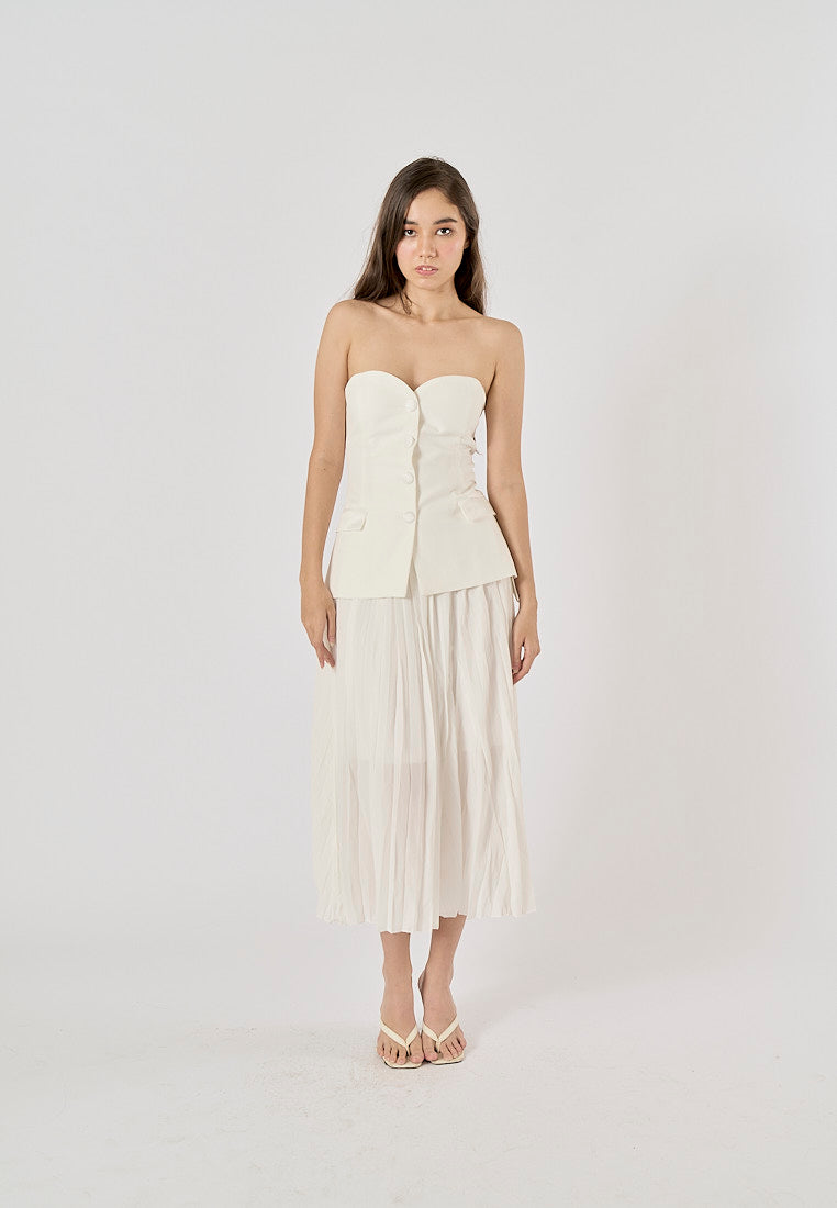 Sylvia White Pleated Elastic Waist A-Line Midi Skirt