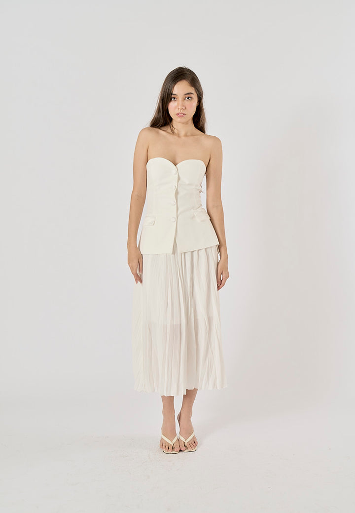 Sylvia White Pleated Elastic Waist A-Line Midi Skirt