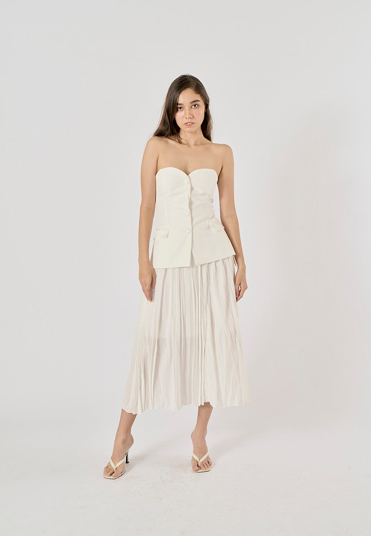 Sylvia White Pleated Elastic Waist A-Line Midi Skirt