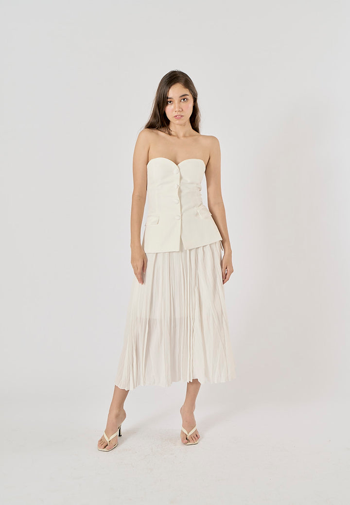 Sylvia White Pleated Elastic Waist A-Line Midi Skirt