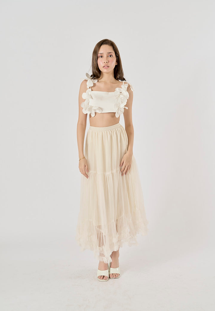 Ravenna Beige Mesh High Waist Raffles Maxi Skirt