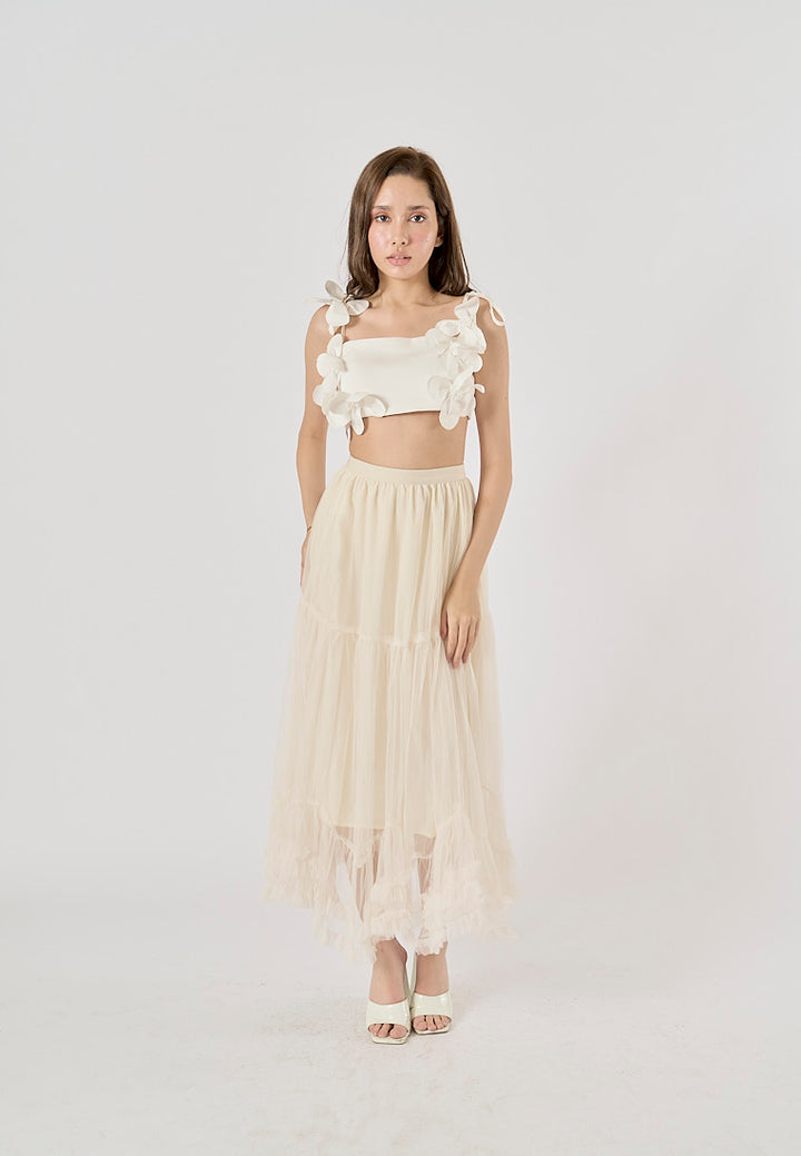 Ravenna Beige Mesh High Waist Raffles Maxi Skirt