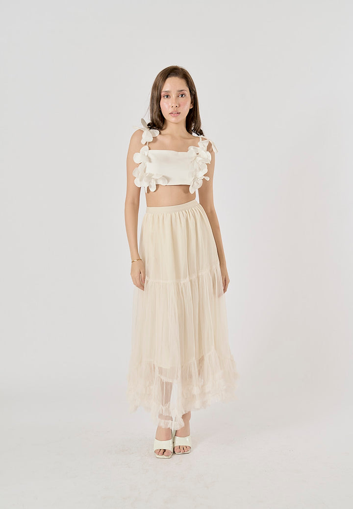 Ravenna Beige Mesh High Waist Raffles Maxi Skirt