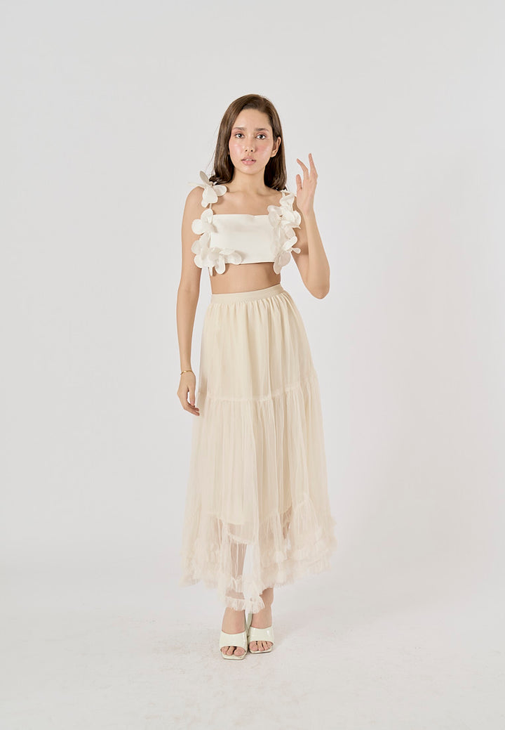 Ravenna Beige Mesh High Waist Raffles Maxi Skirt
