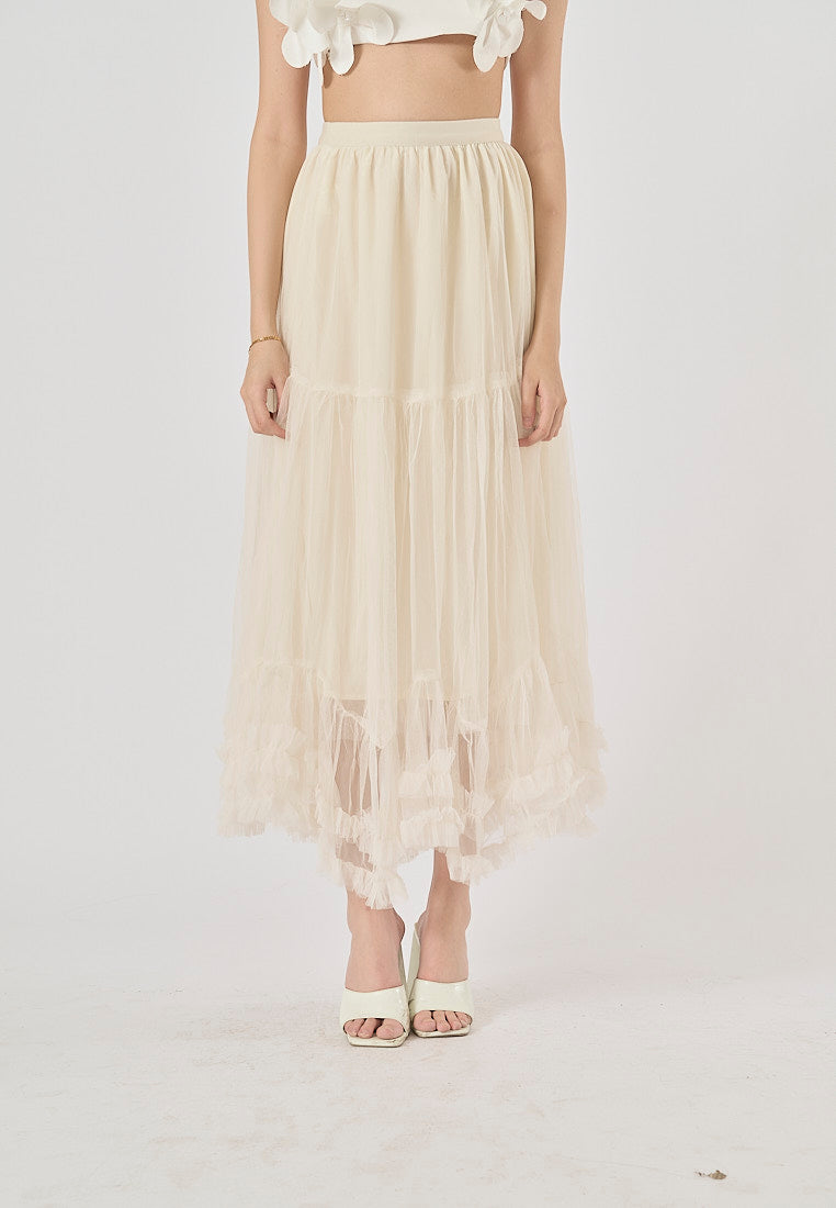 Ravenna Beige Mesh High Waist Raffles Maxi Skirt