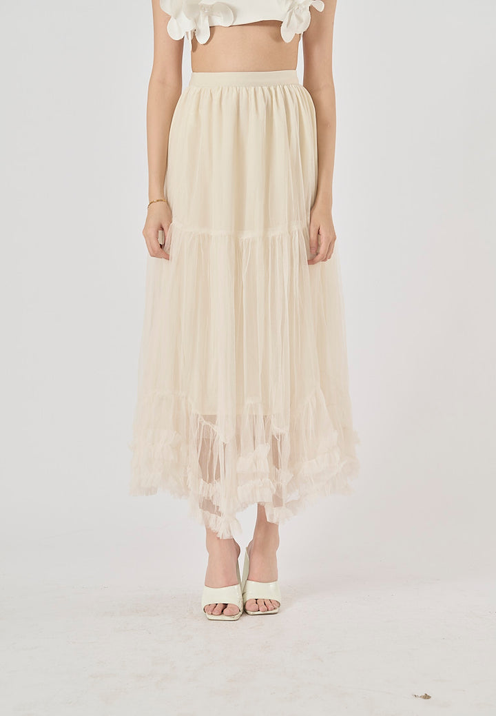 Ravenna Beige Mesh High Waist Raffles Maxi Skirt