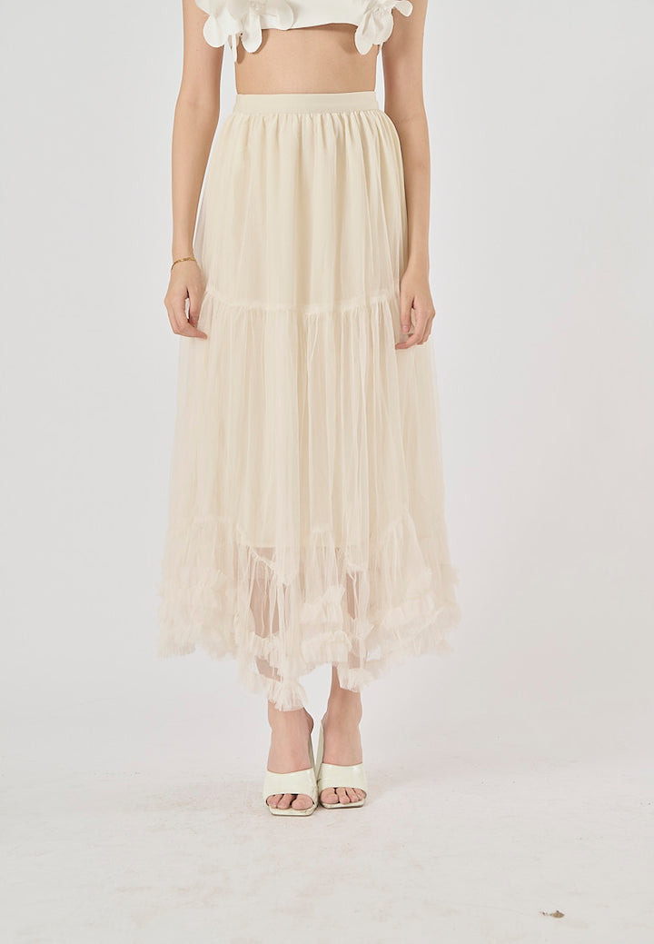 Ravenna Beige Mesh High Waist Raffles Maxi Skirt